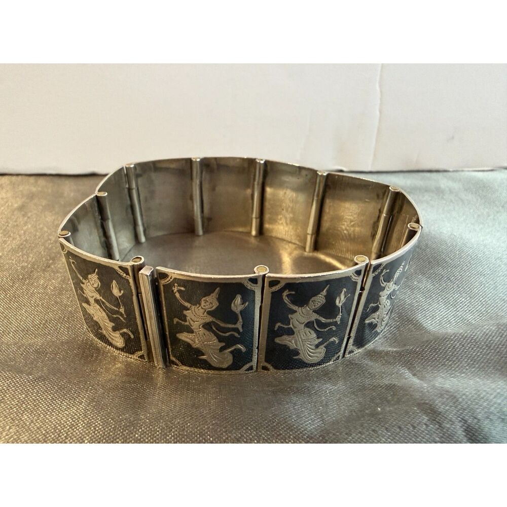 Vintage Siam Sterling Silver Niello Goddess Panel Bracelet 56g 7.75”